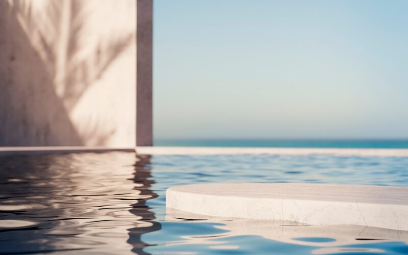 Podium,Stand,In,Luxury,Swimming,Pool,Water,With,Sea,And